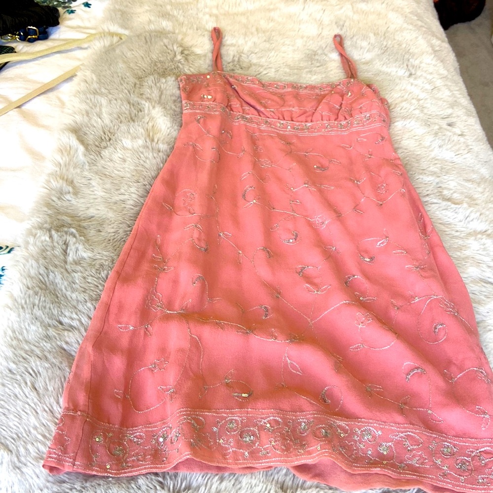 Gorgeous Tocca chiffon pink dress with handcrafted silver sequins and appliqué